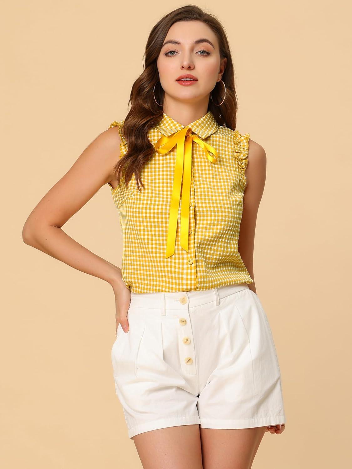 imageAllegra K Womens Bow Tie Neck Blouse Vintage Ruffle Sleeveless Gingham Plaid ShirtLemon Yellow