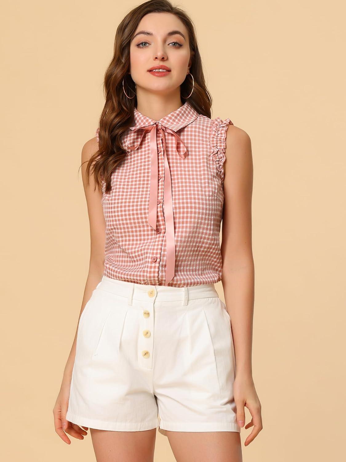 imageAllegra K Womens Bow Tie Neck Blouse Vintage Ruffle Sleeveless Gingham Plaid ShirtLight Pink