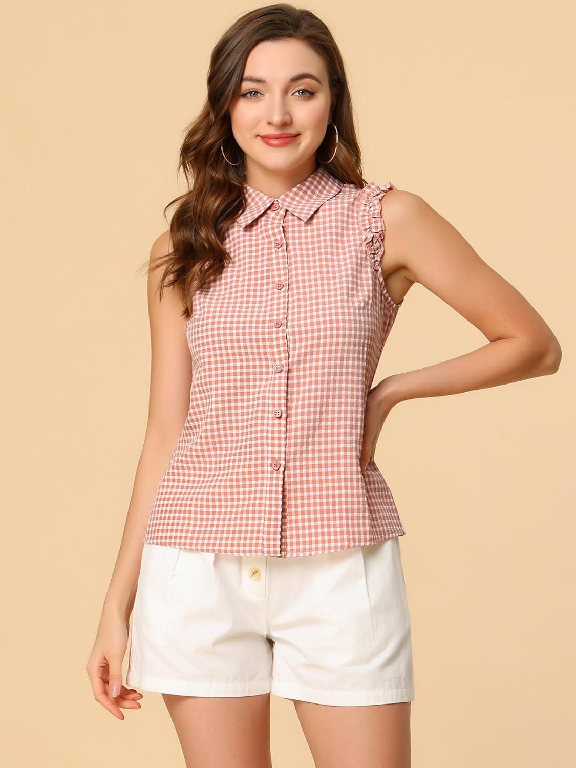 imageAllegra K Womens Bow Tie Neck Blouse Vintage Ruffle Sleeveless Gingham Plaid ShirtLight Pink