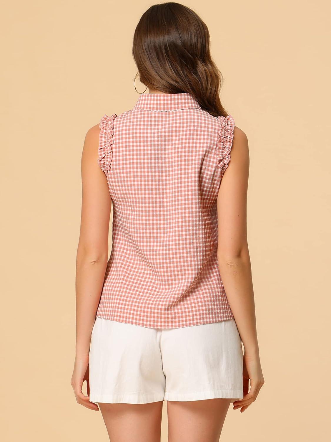 imageAllegra K Womens Bow Tie Neck Blouse Vintage Ruffle Sleeveless Gingham Plaid ShirtLight Pink