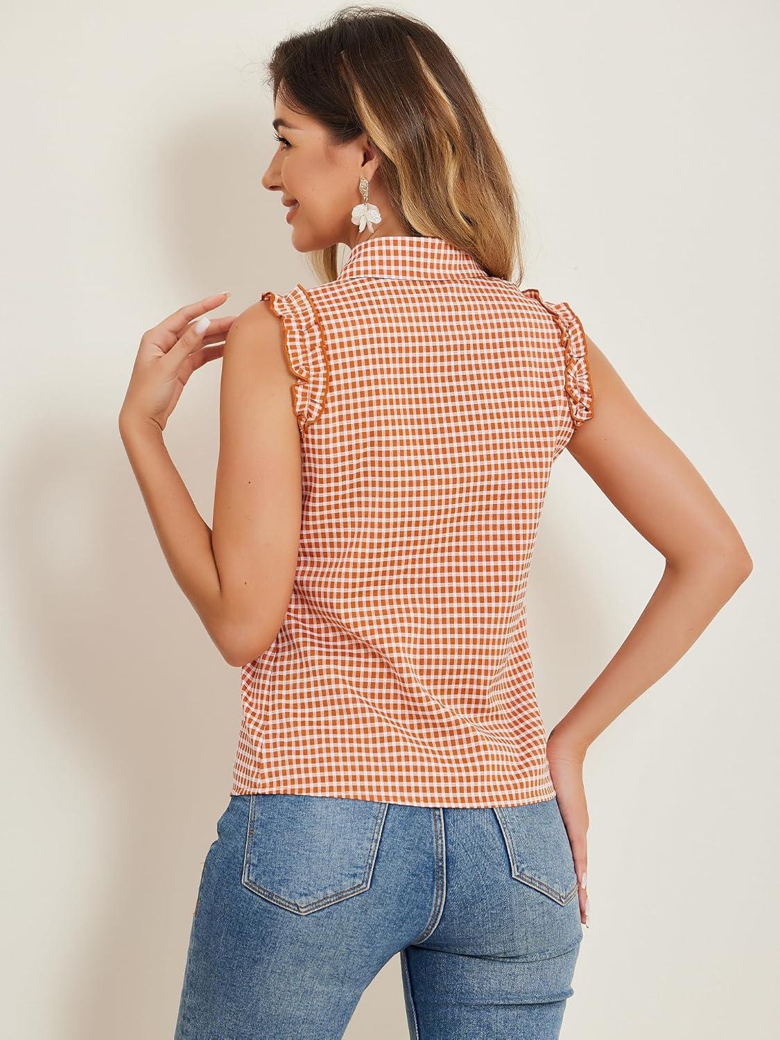 imageAllegra K Womens Bow Tie Neck Blouse Vintage Ruffle Sleeveless Gingham Plaid ShirtOrange