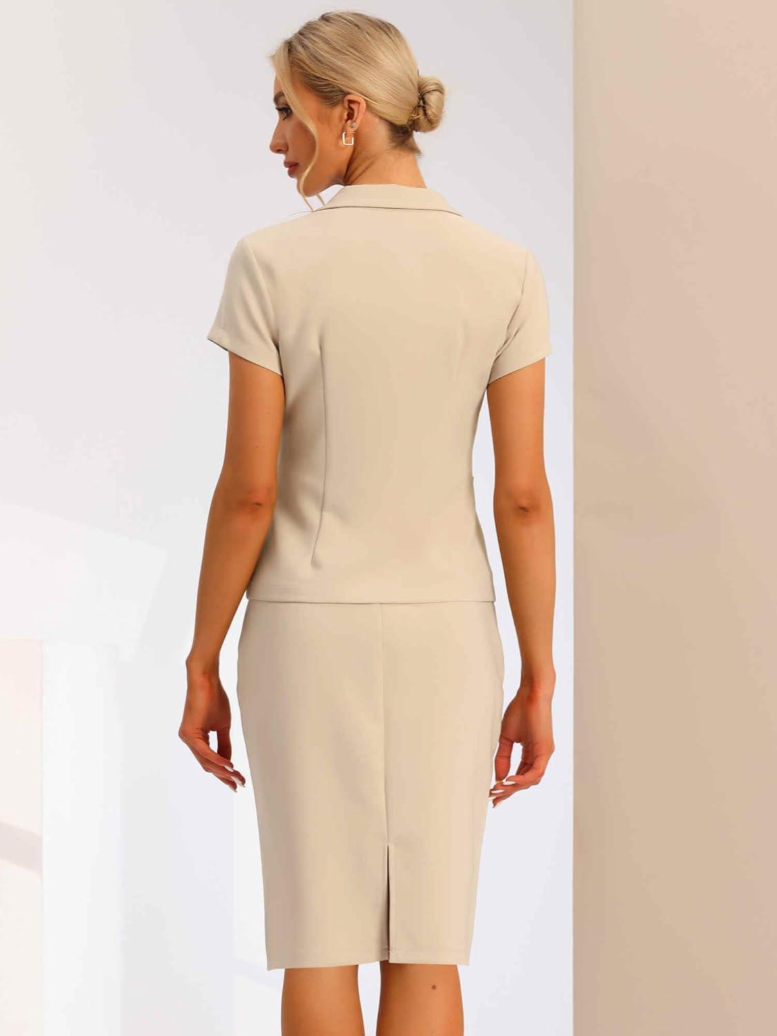 imageAllegra K Womens Business Skirt Suit Set Work Office Short Sleeve Blazer Jacket Pencil SkirtApricot