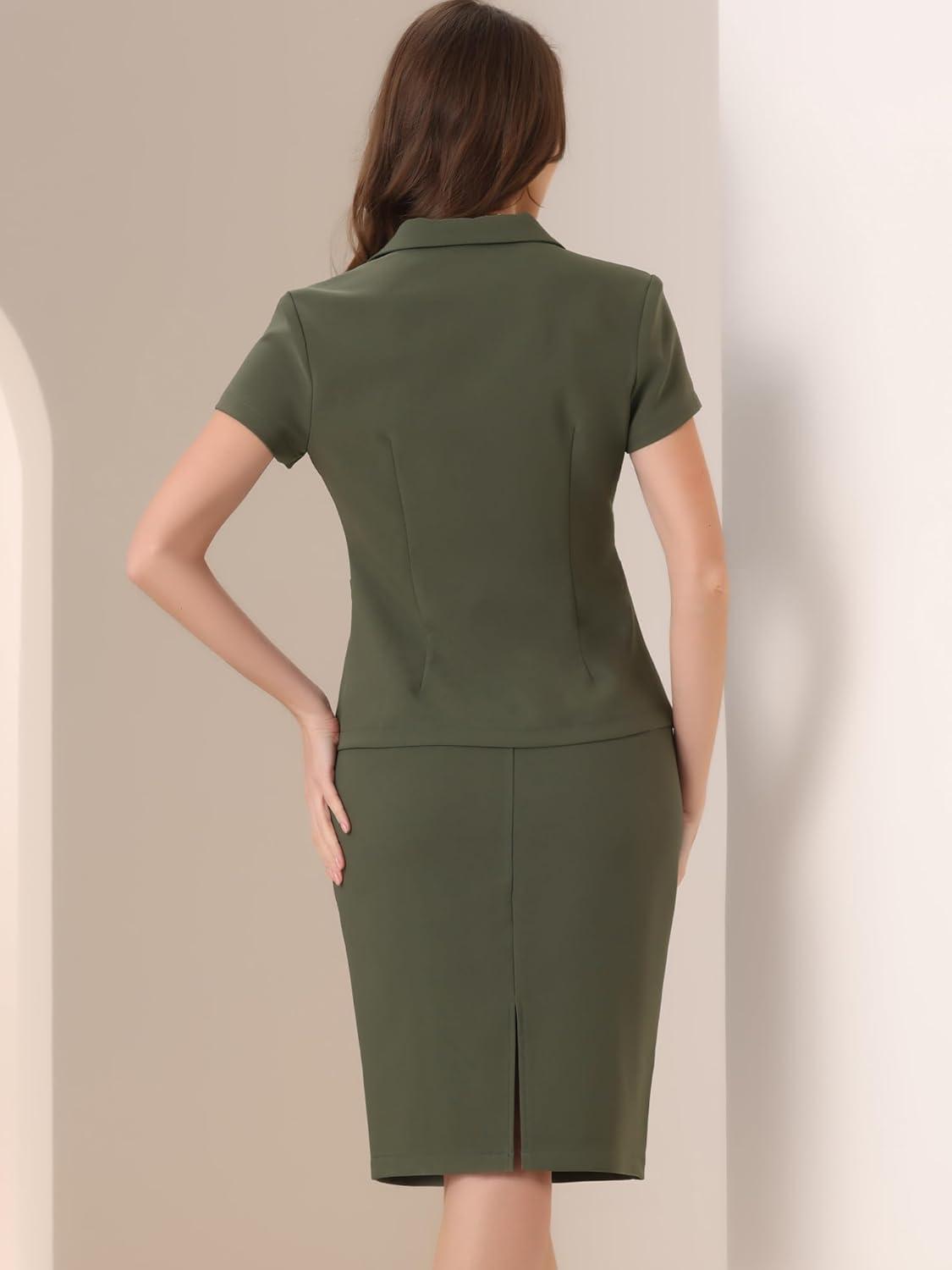 imageAllegra K Womens Business Skirt Suit Set Work Office Short Sleeve Blazer Jacket Pencil SkirtArmy Green