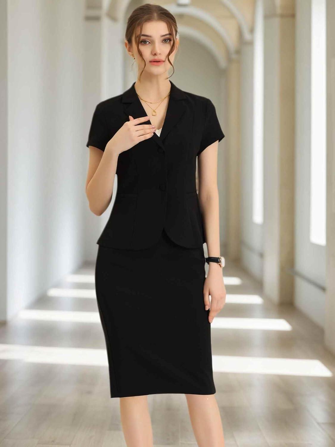 imageAllegra K Womens Business Skirt Suit Set Work Office Short Sleeve Blazer Jacket Pencil SkirtBlack