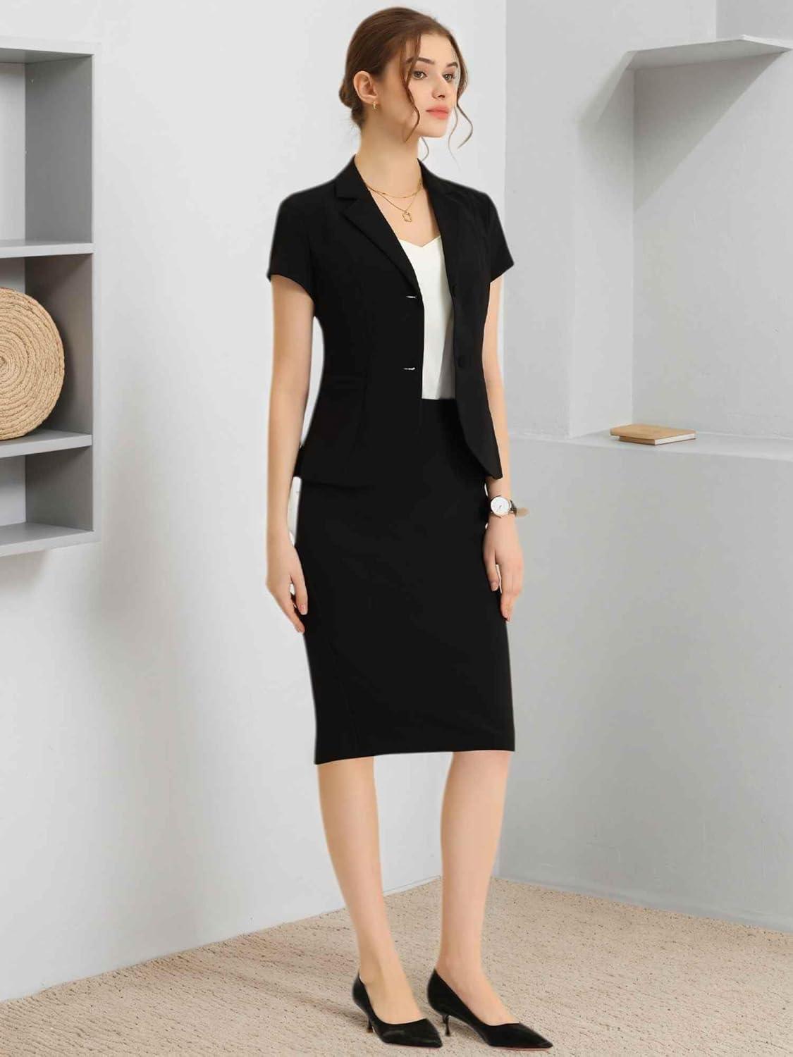 imageAllegra K Womens Business Skirt Suit Set Work Office Short Sleeve Blazer Jacket Pencil SkirtBlack