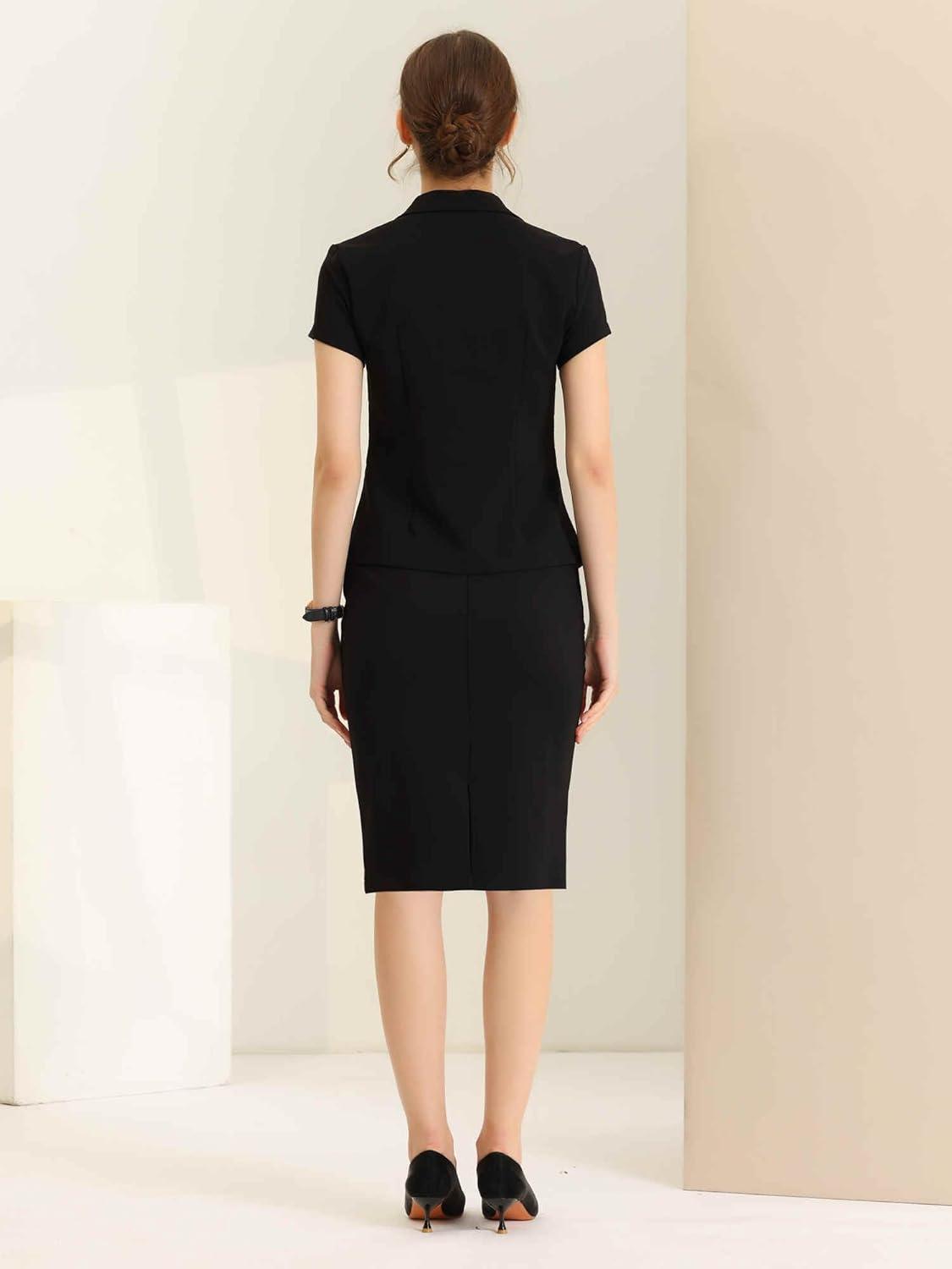 imageAllegra K Womens Business Skirt Suit Set Work Office Short Sleeve Blazer Jacket Pencil SkirtBlack