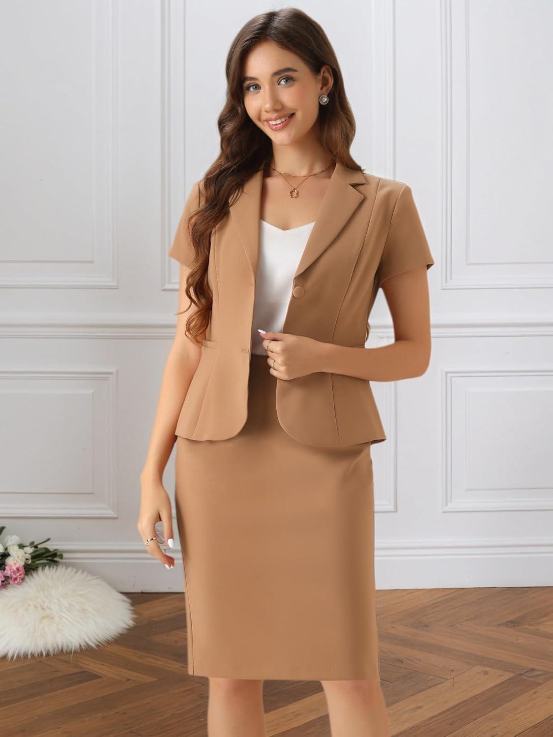 imageAllegra K Womens Business Skirt Suit Set Work Office Short Sleeve Blazer Jacket Pencil SkirtBrown