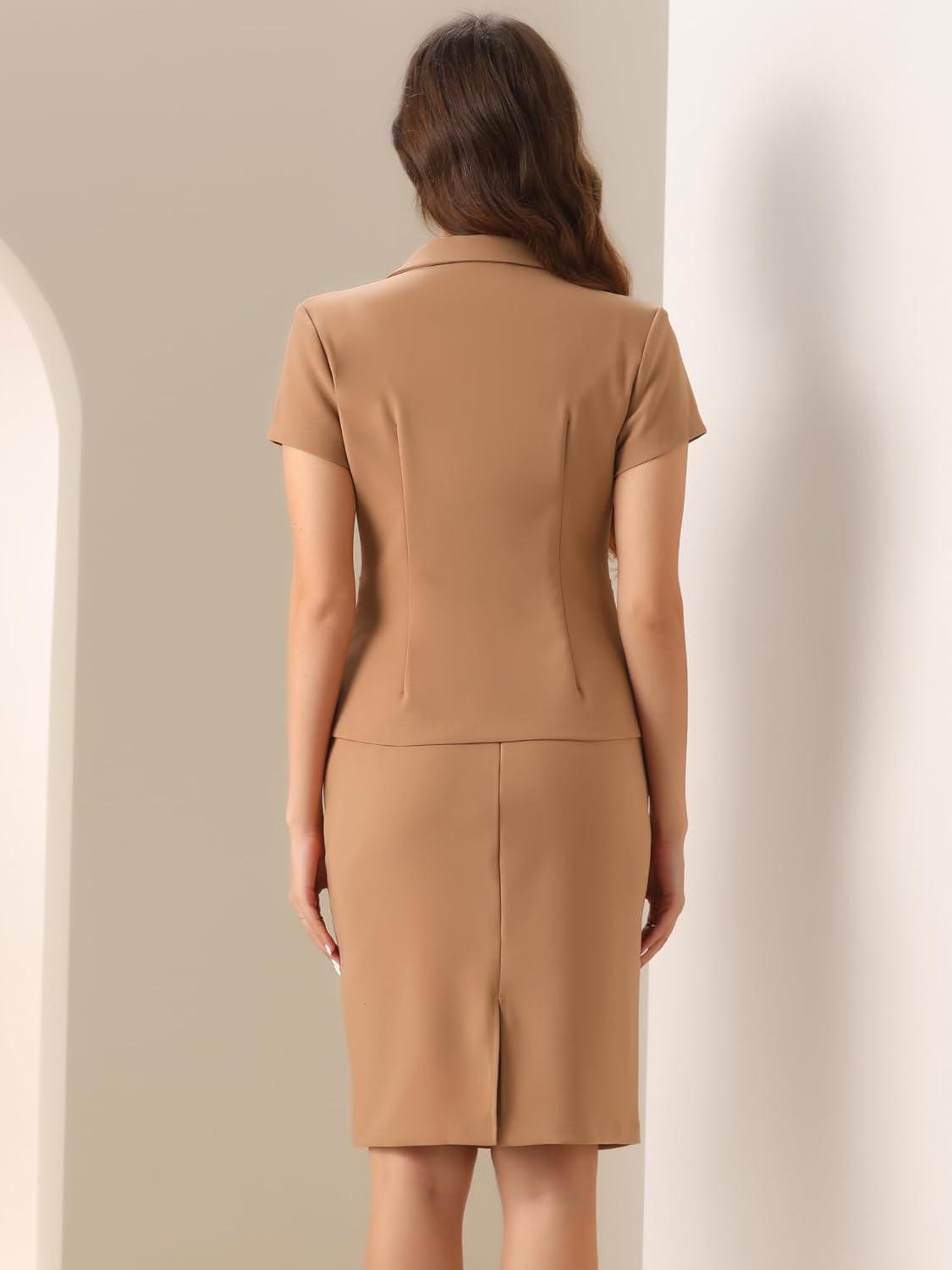 imageAllegra K Womens Business Skirt Suit Set Work Office Short Sleeve Blazer Jacket Pencil SkirtBrown