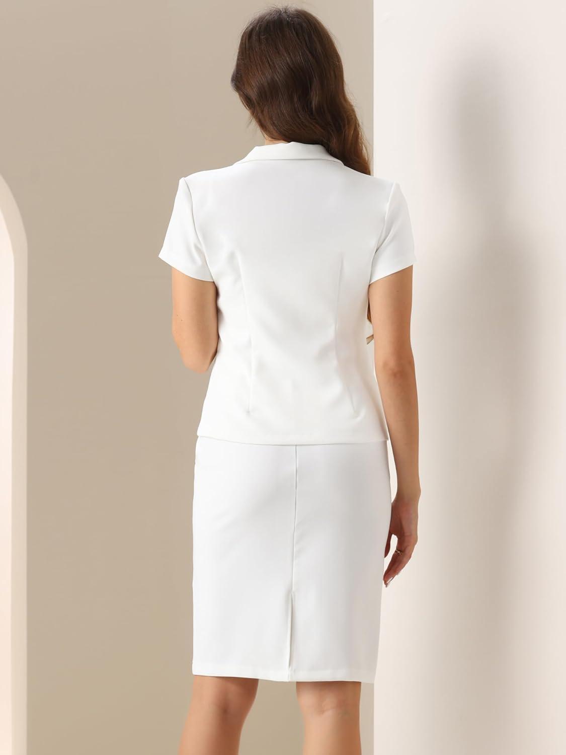 imageAllegra K Womens Business Skirt Suit Set Work Office Short Sleeve Blazer Jacket Pencil SkirtCream White