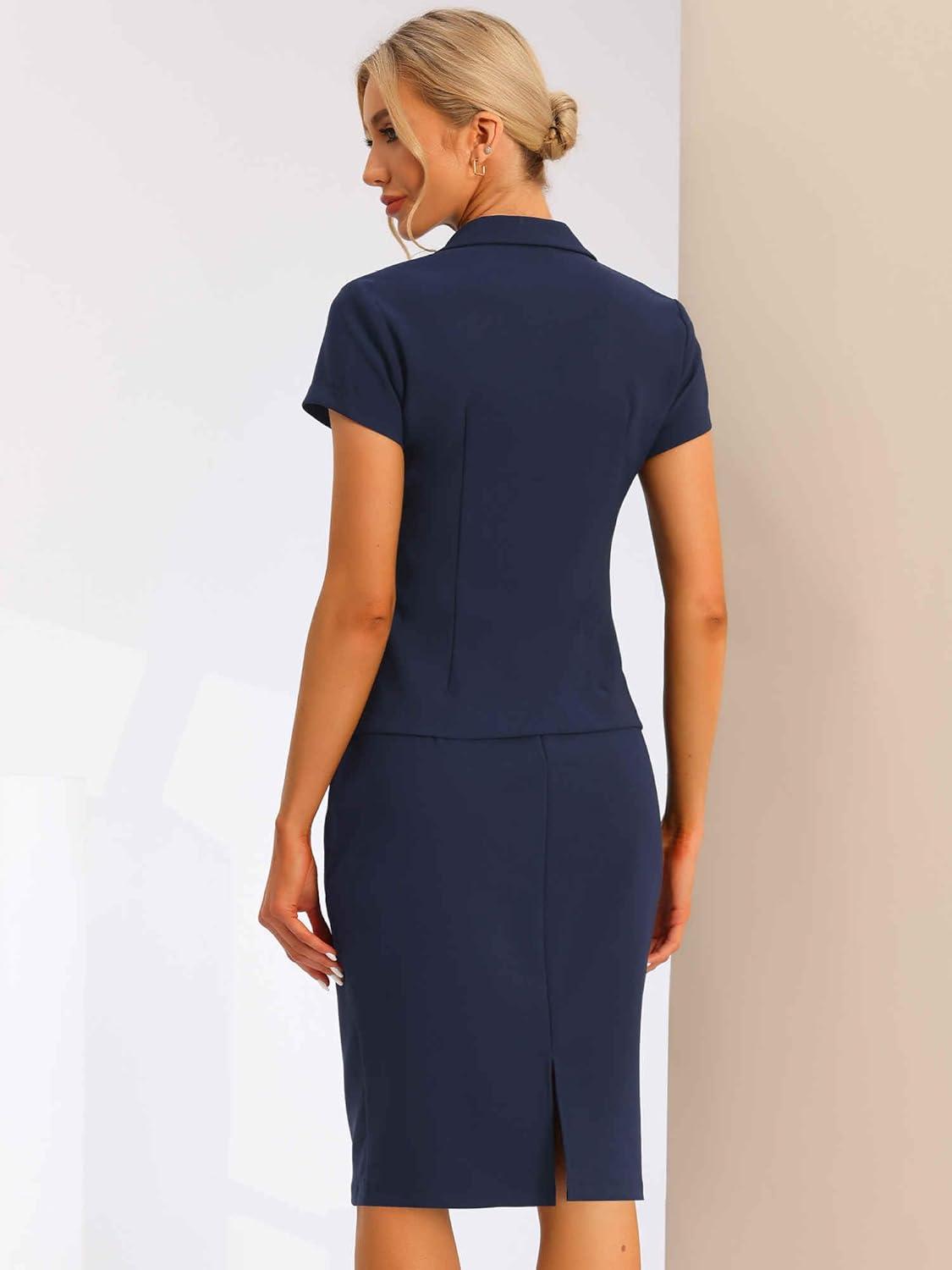 imageAllegra K Womens Business Skirt Suit Set Work Office Short Sleeve Blazer Jacket Pencil SkirtDark Blue