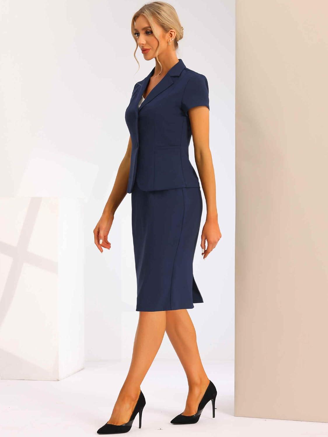 imageAllegra K Womens Business Skirt Suit Set Work Office Short Sleeve Blazer Jacket Pencil SkirtDark Blue
