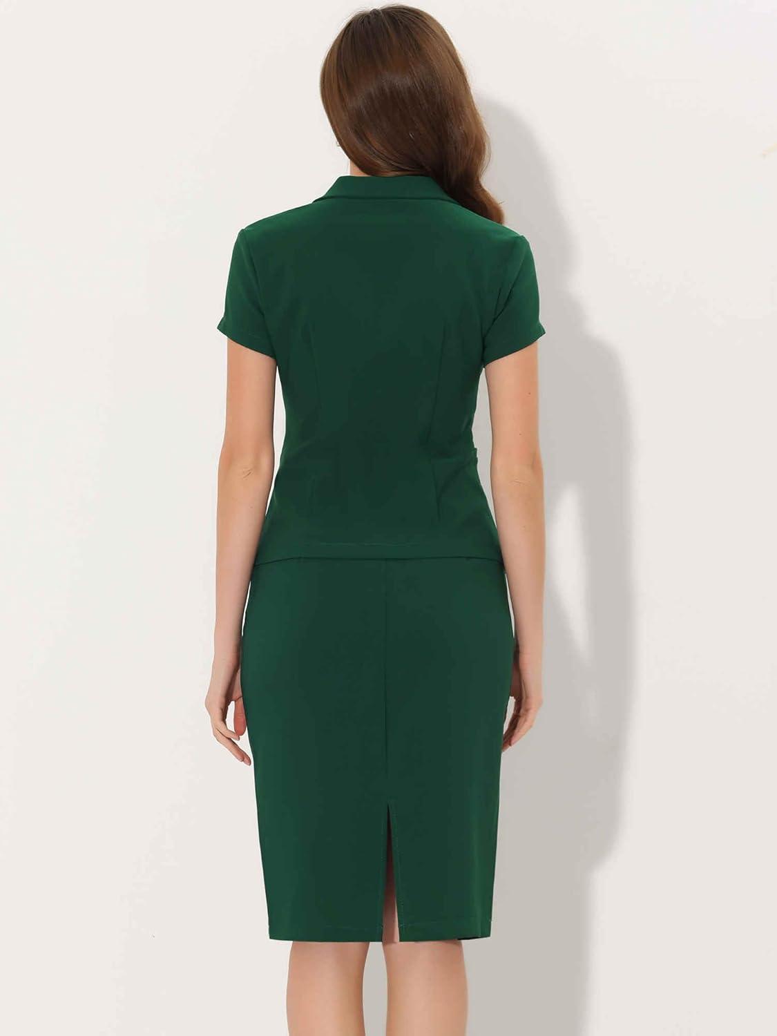 imageAllegra K Womens Business Skirt Suit Set Work Office Short Sleeve Blazer Jacket Pencil SkirtDark Green