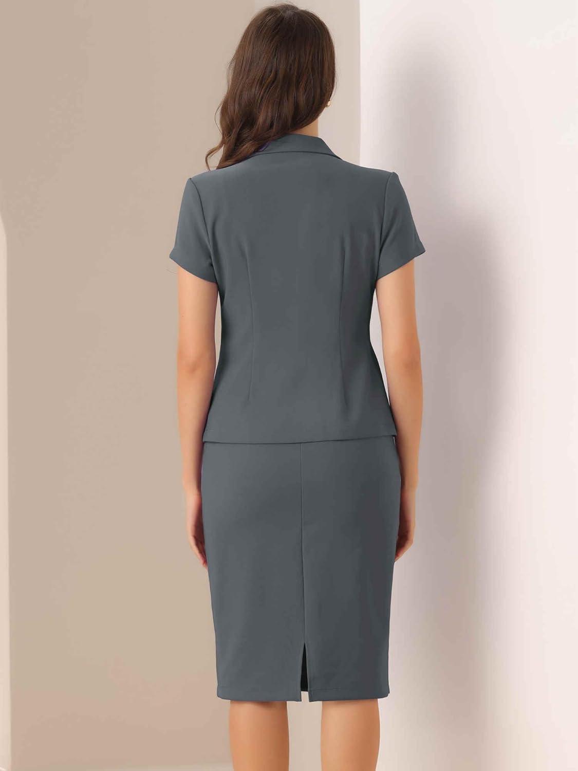 imageAllegra K Womens Business Skirt Suit Set Work Office Short Sleeve Blazer Jacket Pencil SkirtDark Grey