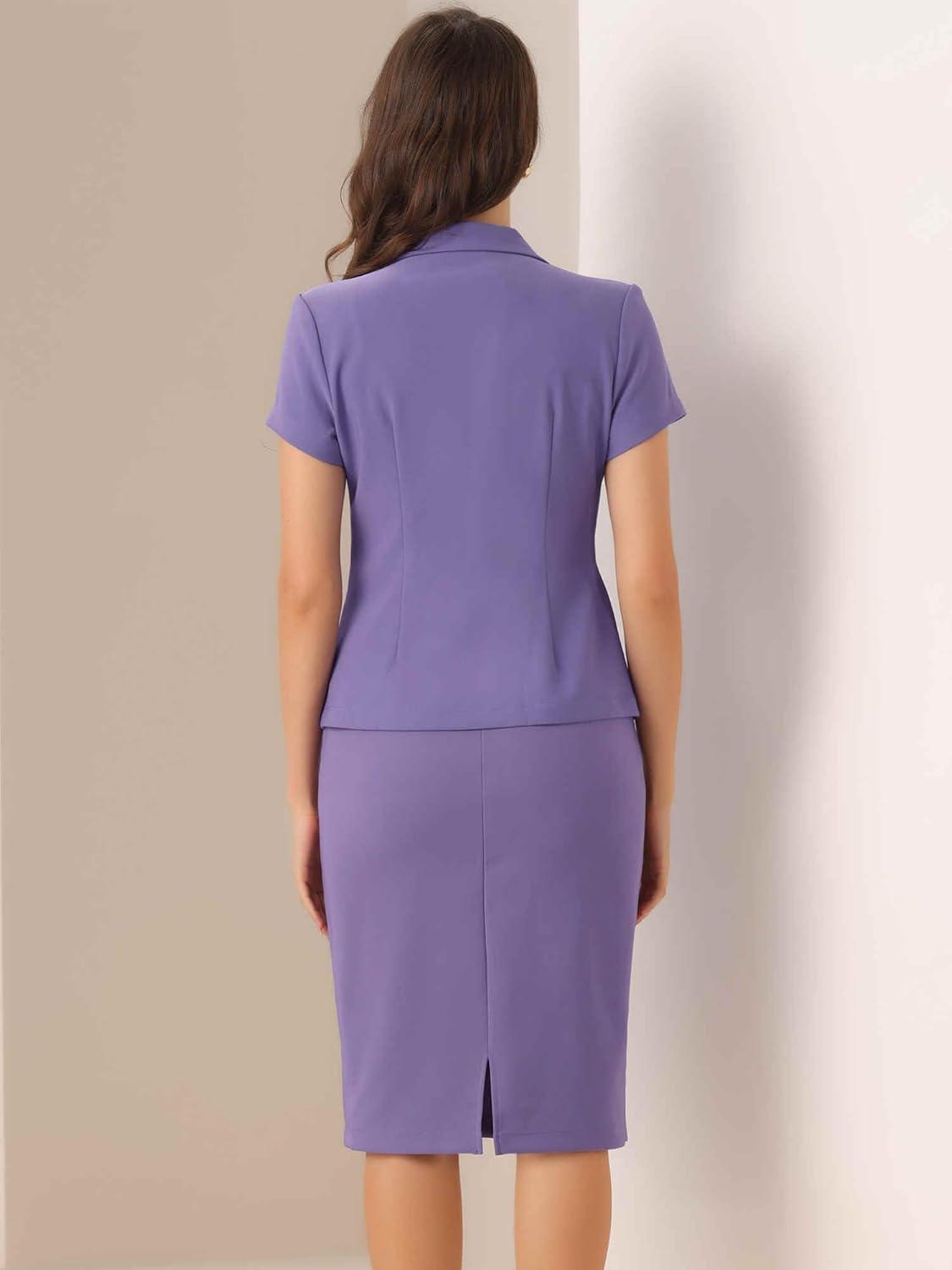 imageAllegra K Womens Business Skirt Suit Set Work Office Short Sleeve Blazer Jacket Pencil SkirtDark Purple