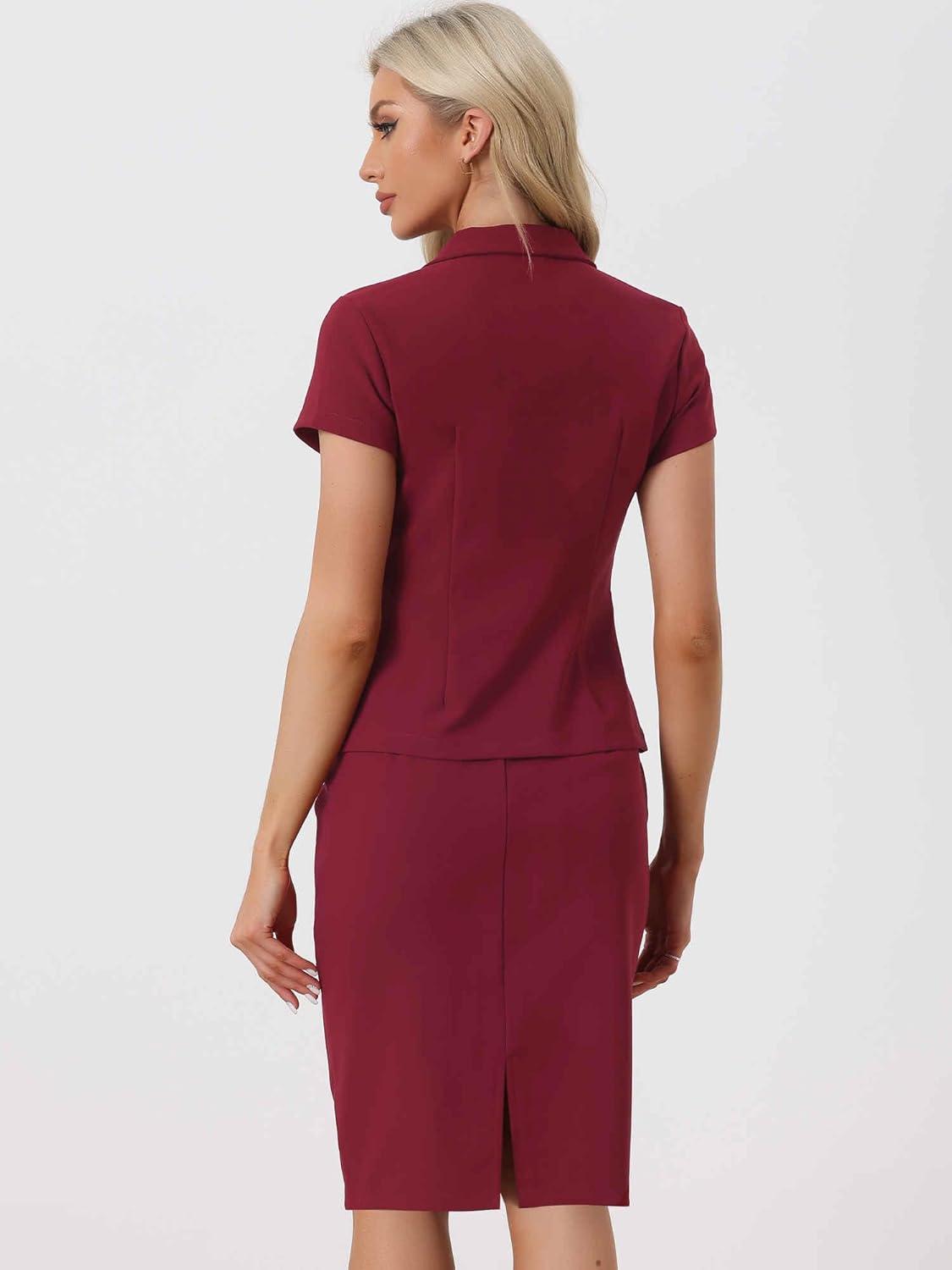 imageAllegra K Womens Business Skirt Suit Set Work Office Short Sleeve Blazer Jacket Pencil SkirtDark Red