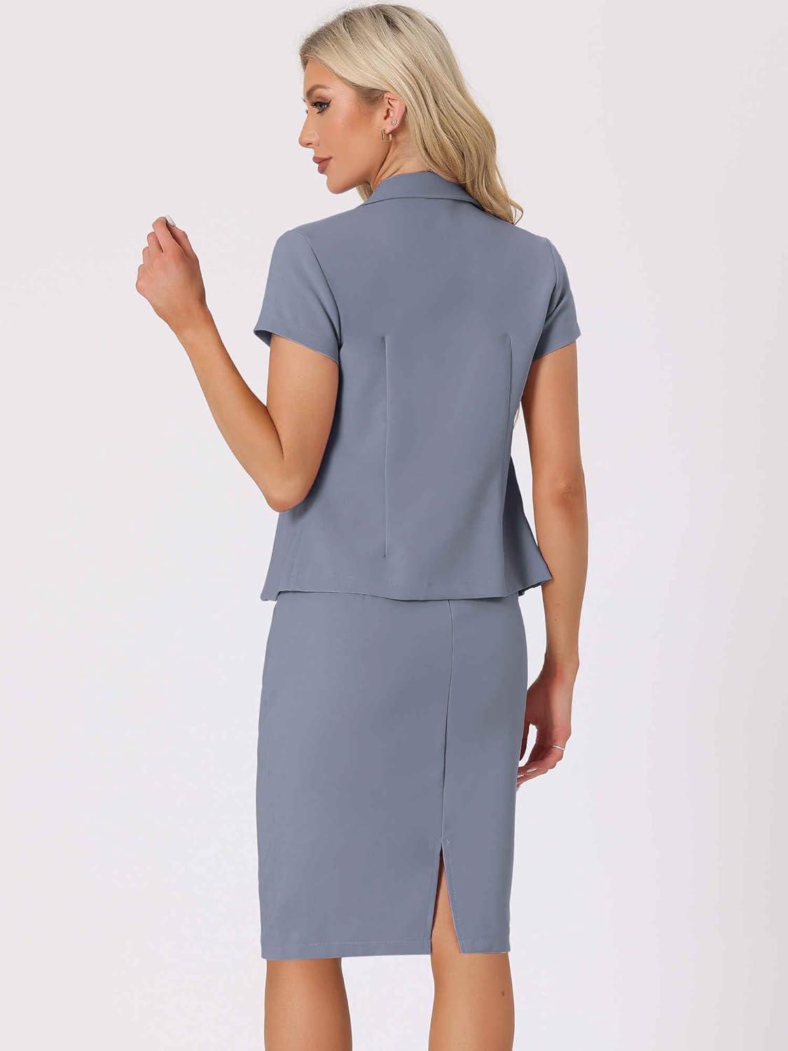 imageAllegra K Womens Business Skirt Suit Set Work Office Short Sleeve Blazer Jacket Pencil SkirtGrey Blue