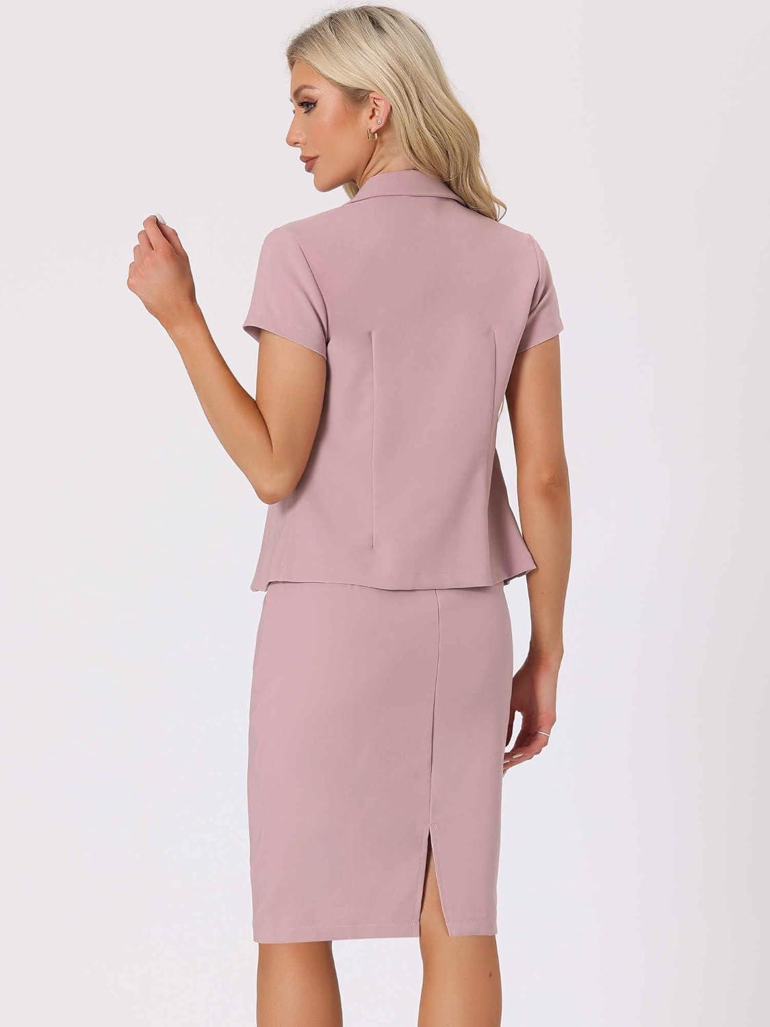 imageAllegra K Womens Business Skirt Suit Set Work Office Short Sleeve Blazer Jacket Pencil SkirtPink