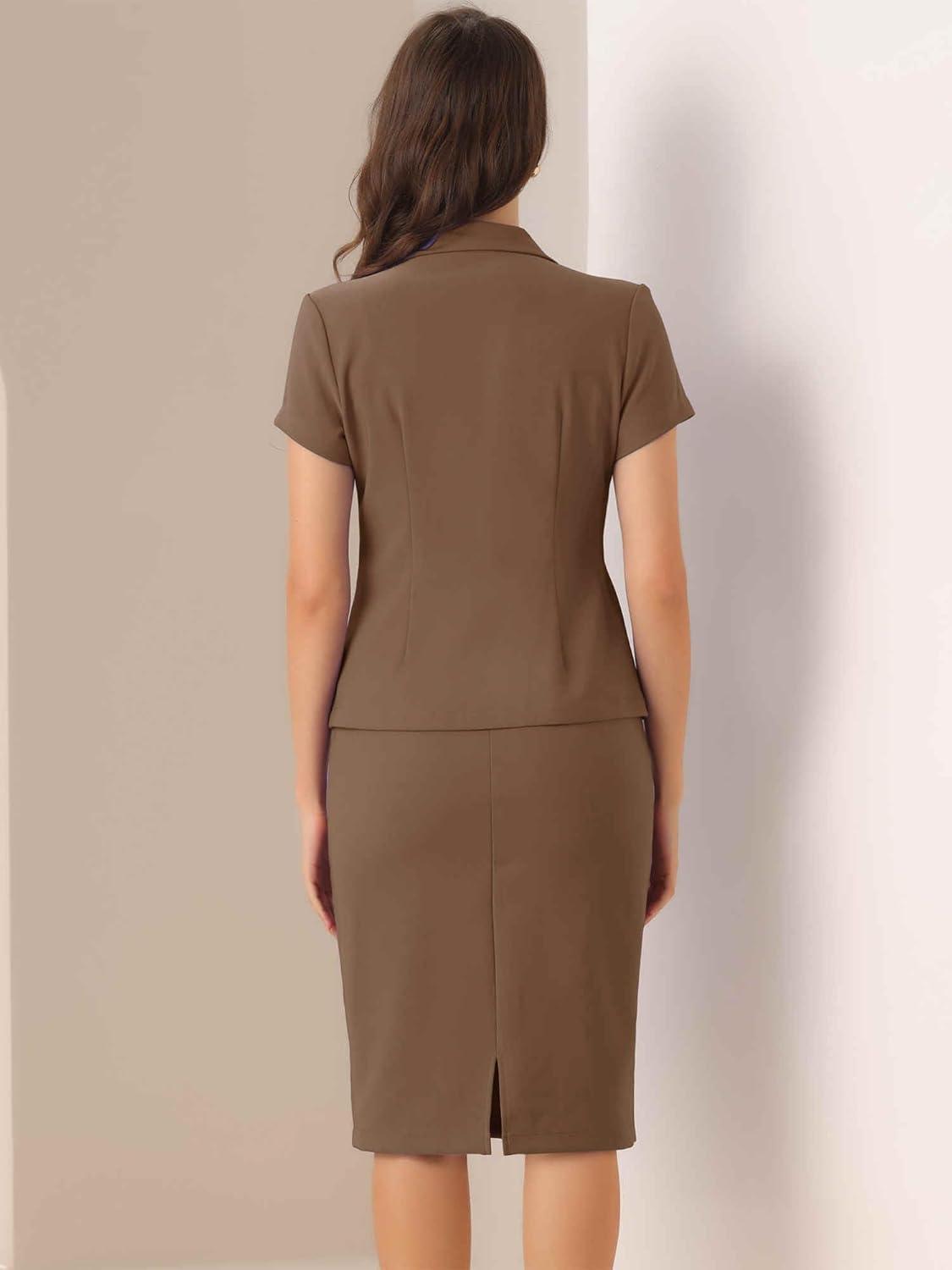 imageAllegra K Womens Business Skirt Suit Set Work Office Short Sleeve Blazer Jacket Pencil SkirtRust Brown