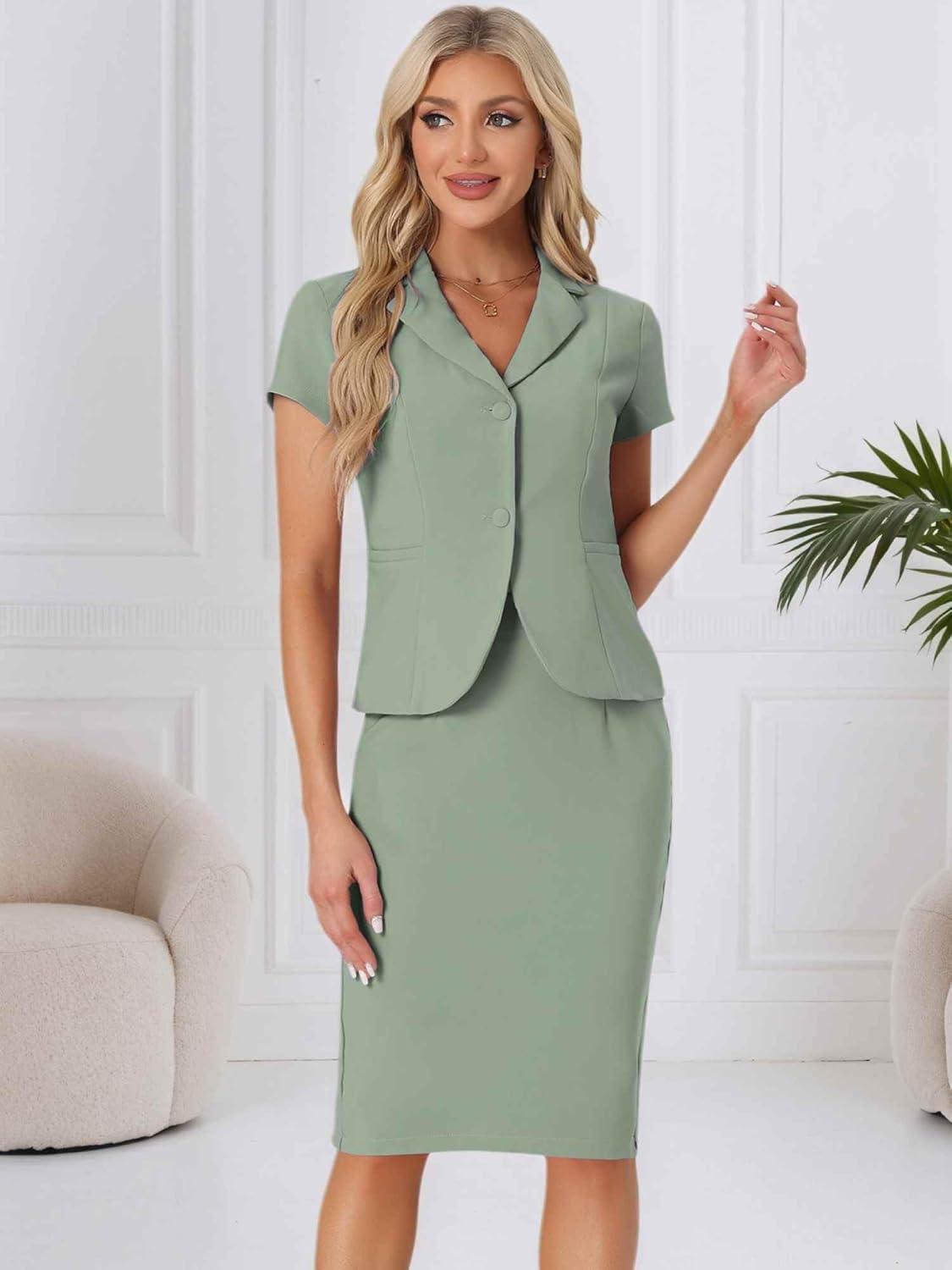 imageAllegra K Womens Business Skirt Suit Set Work Office Short Sleeve Blazer Jacket Pencil SkirtSea Green