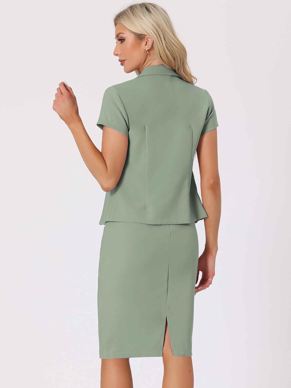 imageAllegra K Womens Business Skirt Suit Set Work Office Short Sleeve Blazer Jacket Pencil SkirtSea Green