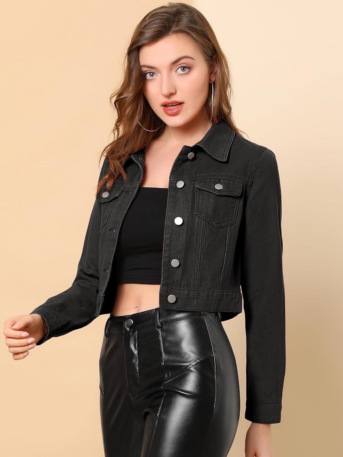 imageAllegra K Womens Button Down Denim Jacket Check Cuffs Casual Cropped Jean JacketsBlack