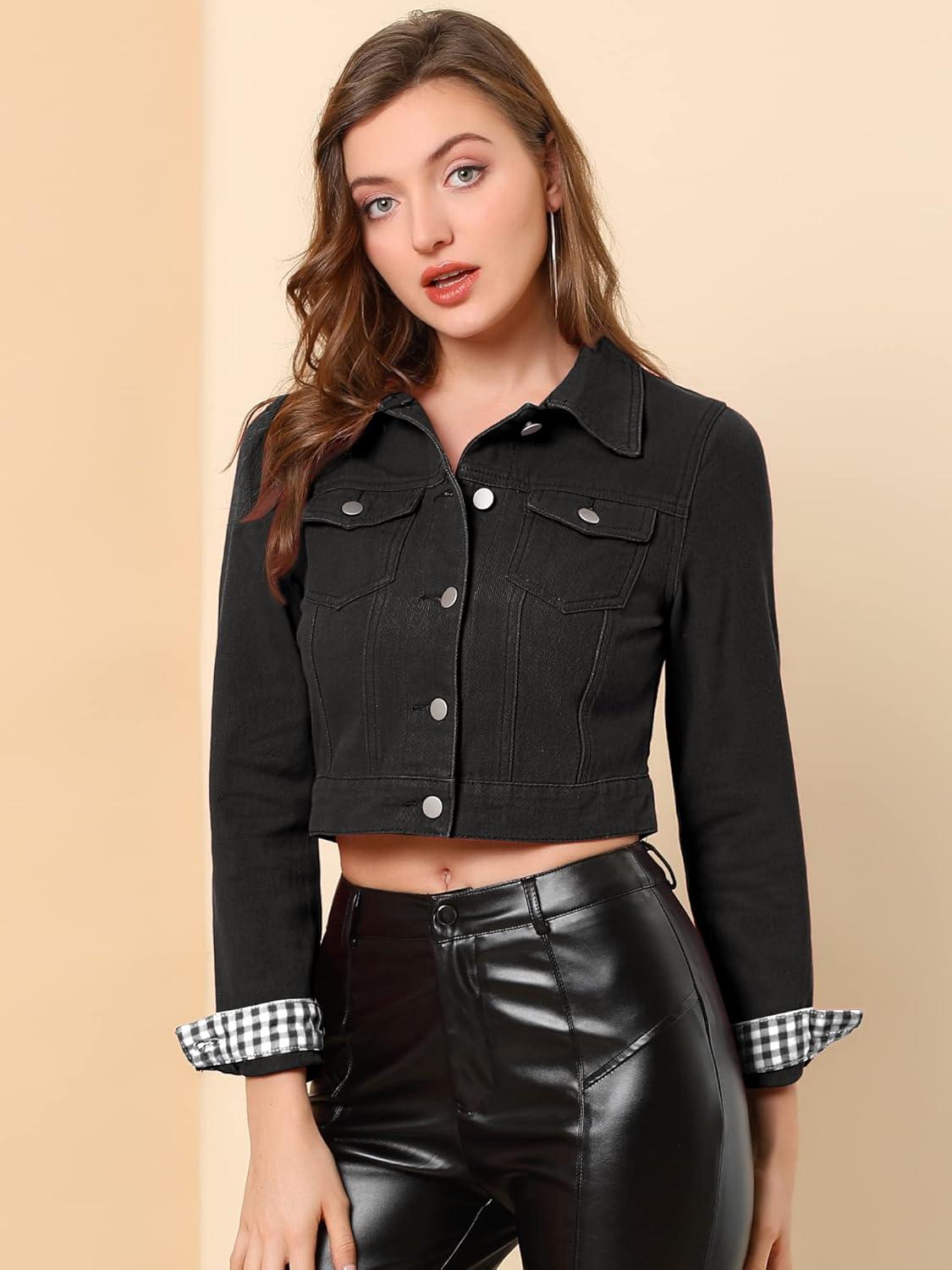 imageAllegra K Womens Button Down Denim Jacket Check Cuffs Casual Cropped Jean JacketsBlack
