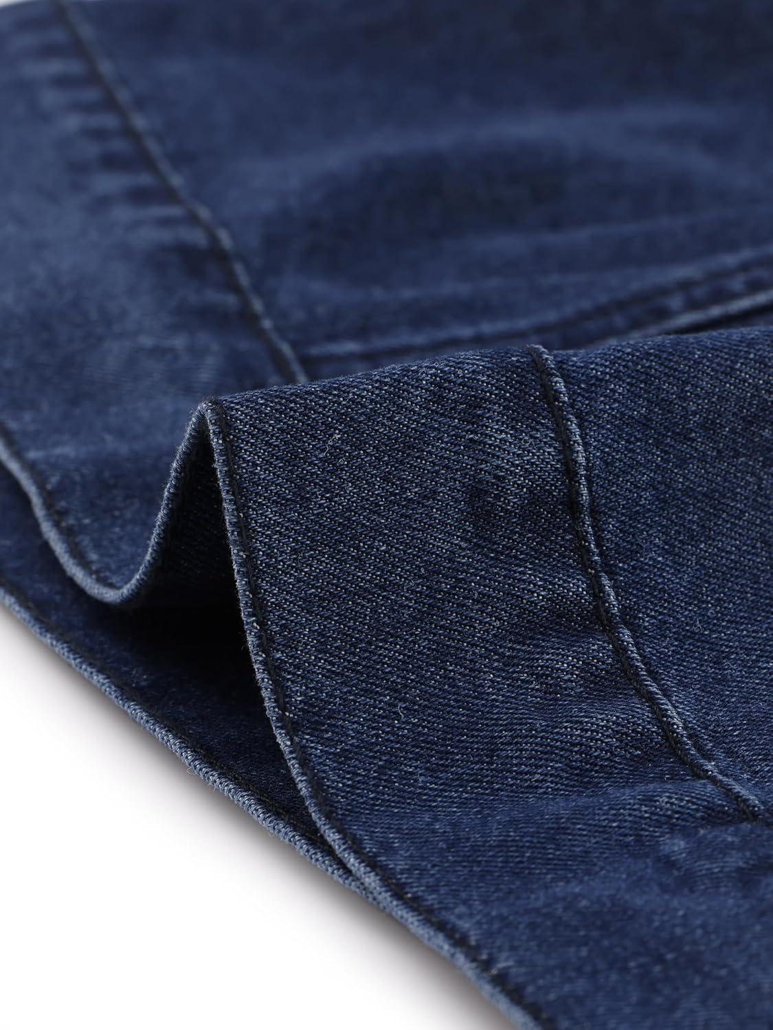 imageAllegra K Womens Button Down Denim Jacket Check Cuffs Casual Cropped Jean JacketsDenim Blue