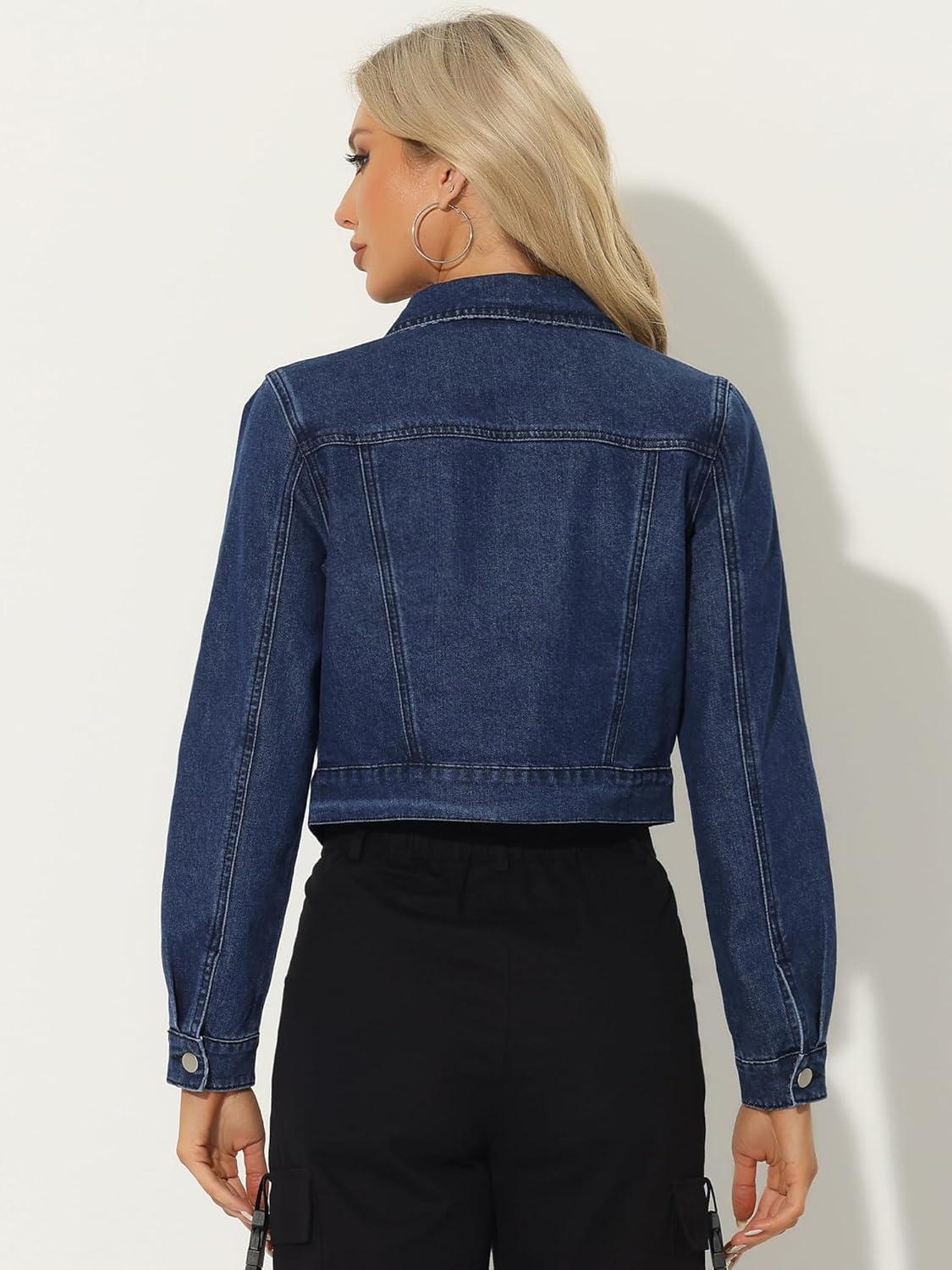 imageAllegra K Womens Button Down Denim Jacket Check Cuffs Casual Cropped Jean JacketsDenim Blue