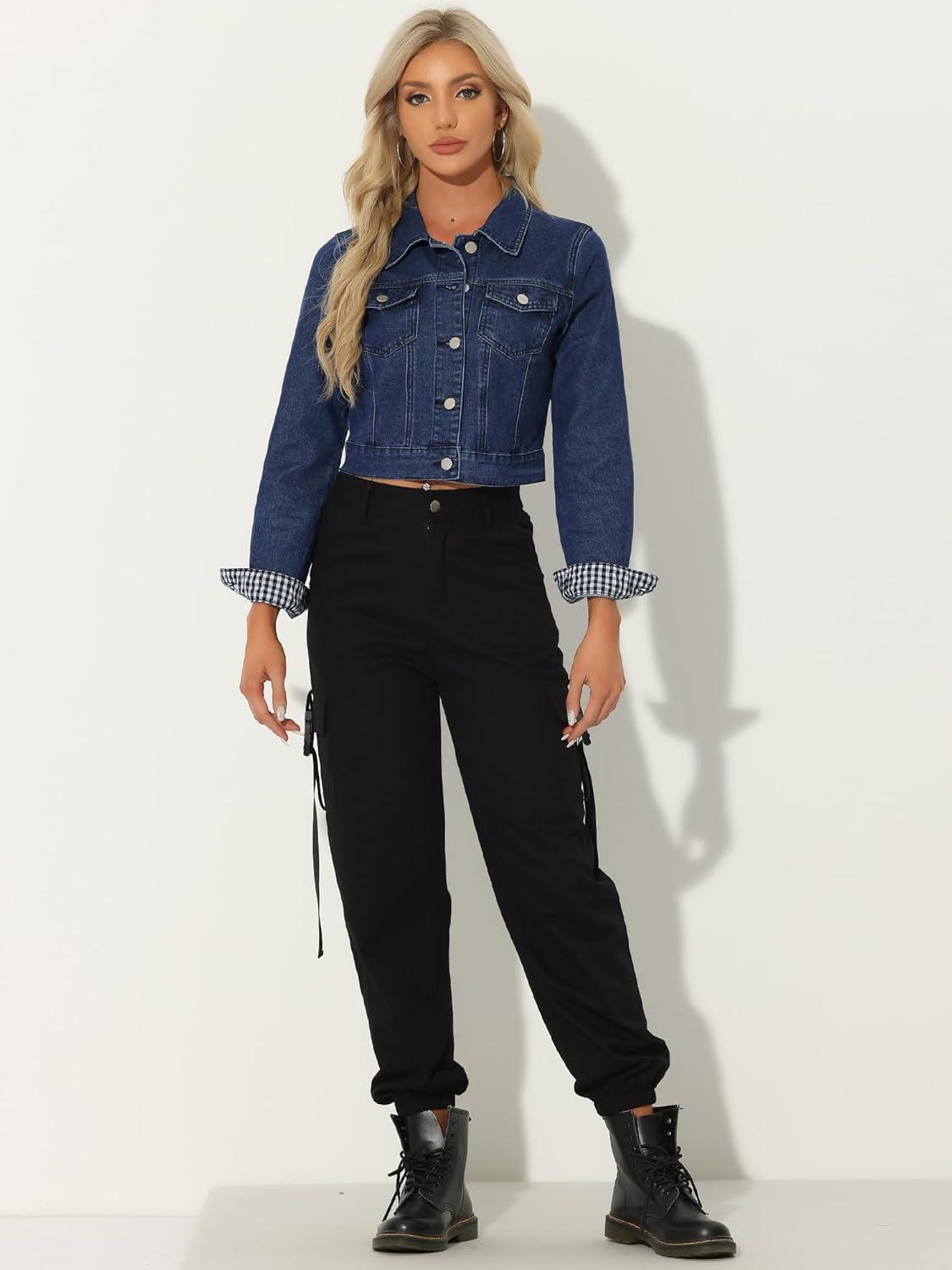 imageAllegra K Womens Button Down Denim Jacket Check Cuffs Casual Cropped Jean JacketsDenim Blue