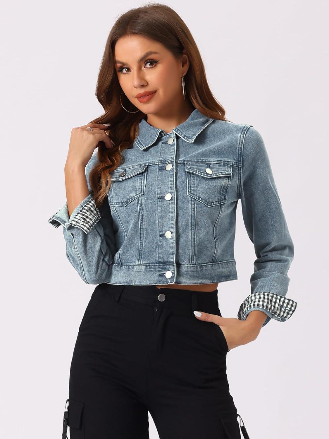 imageAllegra K Womens Button Down Denim Jacket Check Cuffs Casual Cropped Jean JacketsDusty Blue