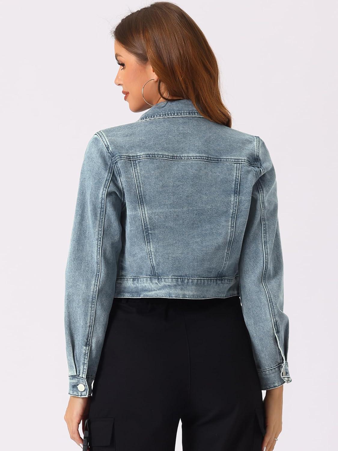 imageAllegra K Womens Button Down Denim Jacket Check Cuffs Casual Cropped Jean JacketsDusty Blue