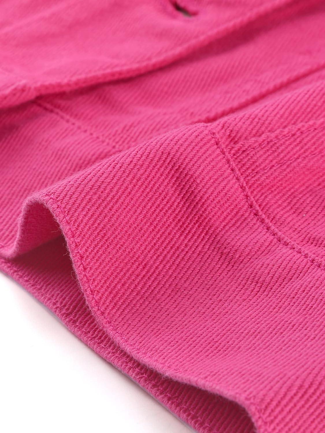 imageAllegra K Womens Button Down Denim Jacket Check Cuffs Casual Cropped Jean JacketsFuchsia