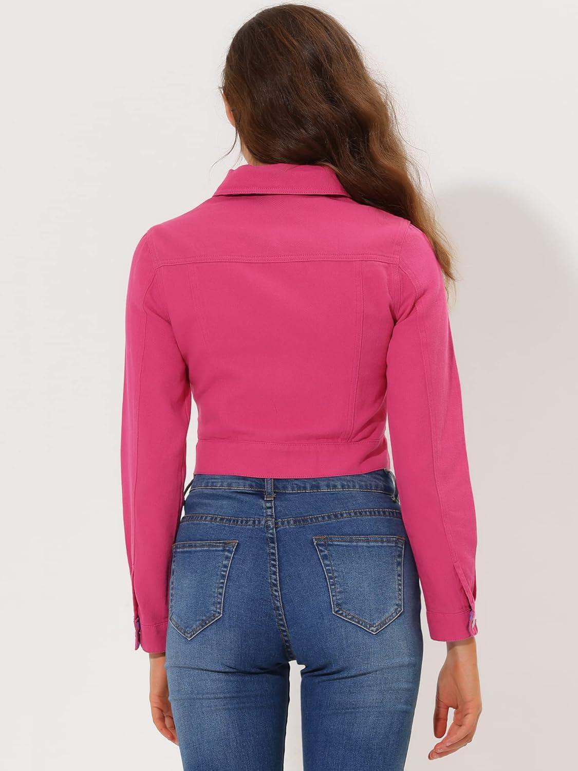 imageAllegra K Womens Button Down Denim Jacket Check Cuffs Casual Cropped Jean JacketsFuchsia