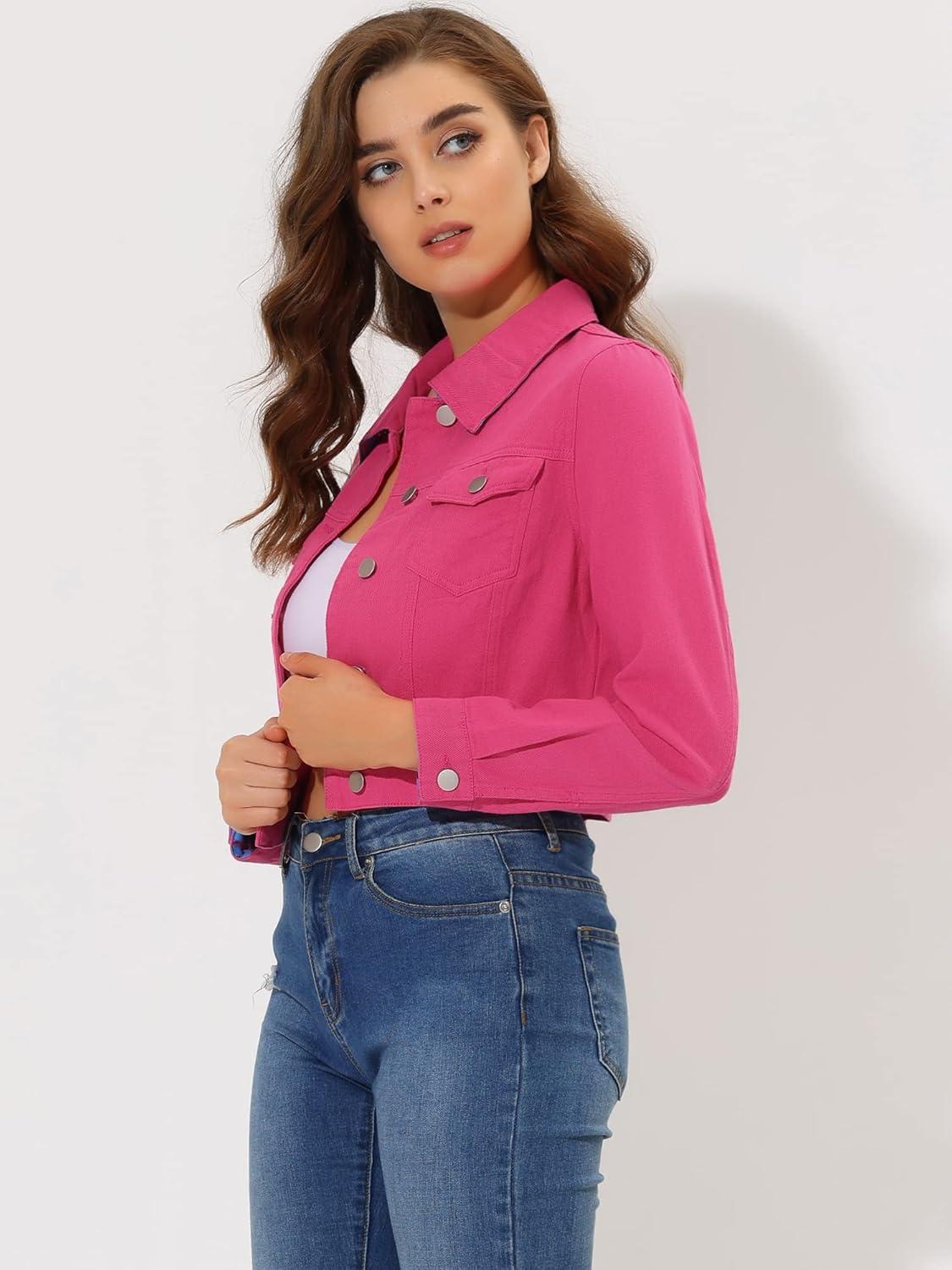imageAllegra K Womens Button Down Denim Jacket Check Cuffs Casual Cropped Jean JacketsFuchsia
