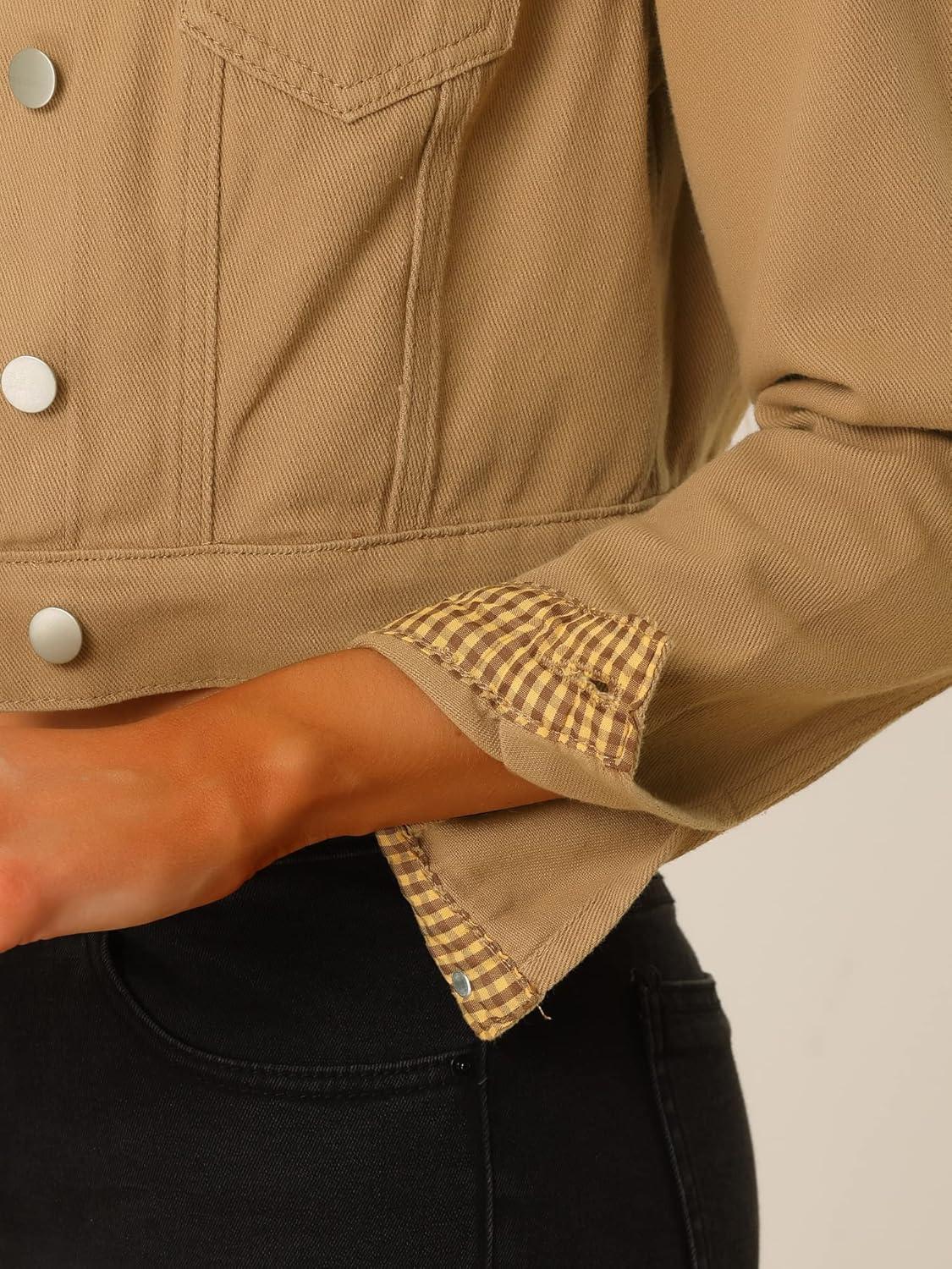 imageAllegra K Womens Button Down Denim Jacket Check Cuffs Casual Cropped Jean JacketsKhaki