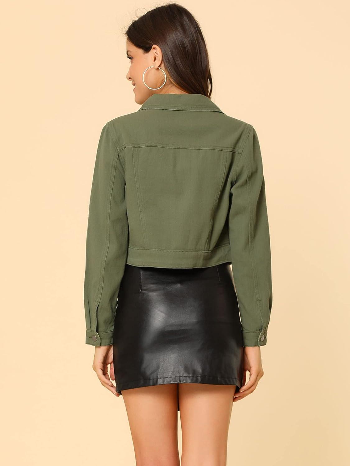 imageAllegra K Womens Button Down Denim Jacket Check Cuffs Casual Cropped Jean JacketsOlive Green