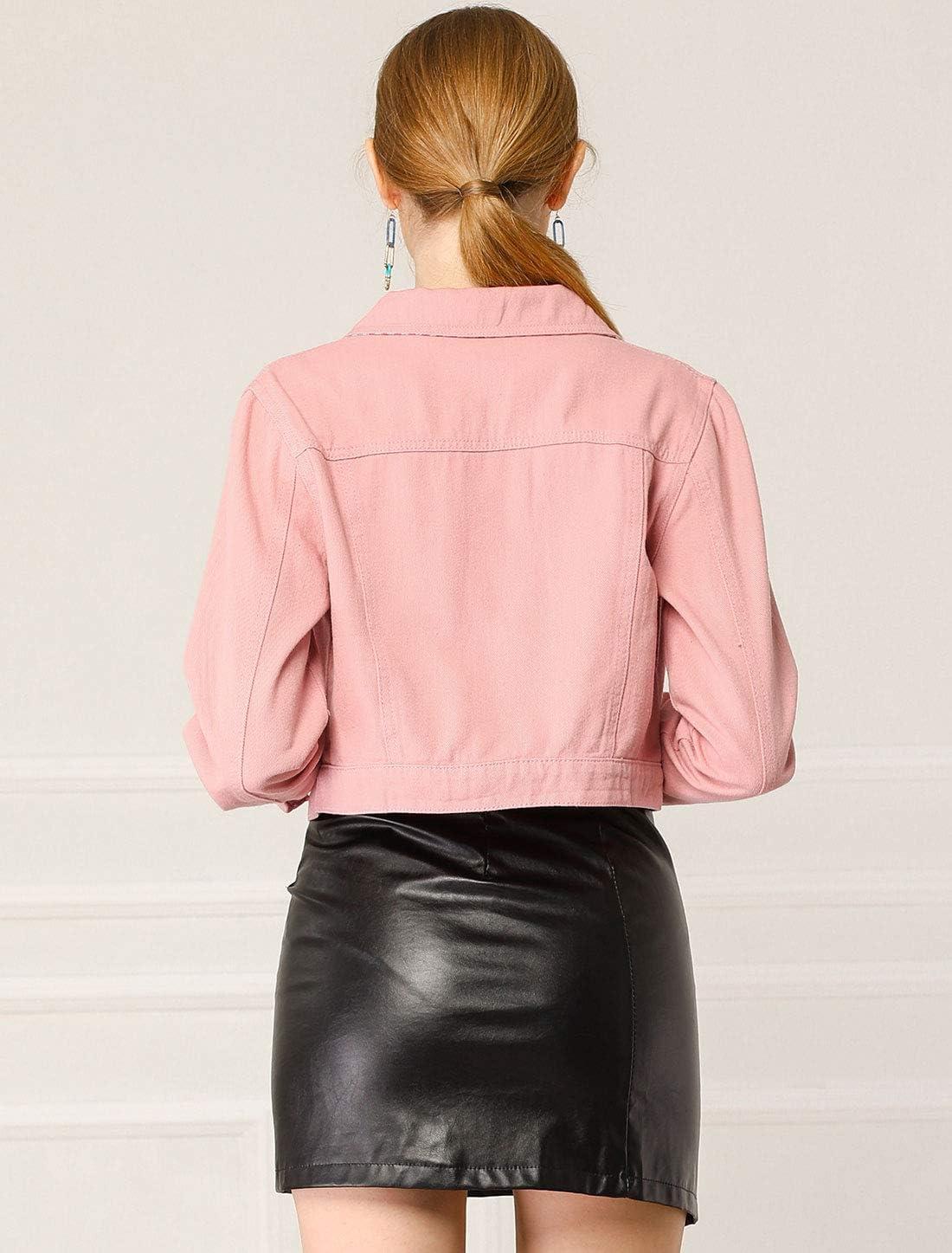 imageAllegra K Womens Button Down Denim Jacket Check Cuffs Casual Cropped Jean JacketsPeach Pink