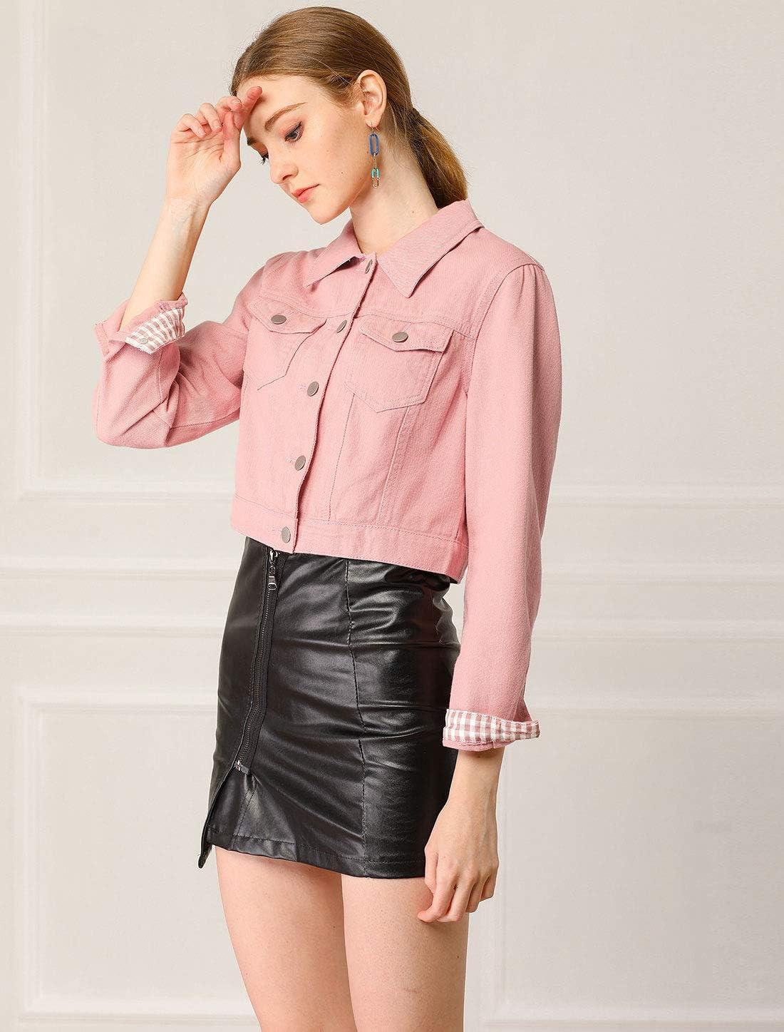 imageAllegra K Womens Button Down Denim Jacket Check Cuffs Casual Cropped Jean JacketsPeach Pink