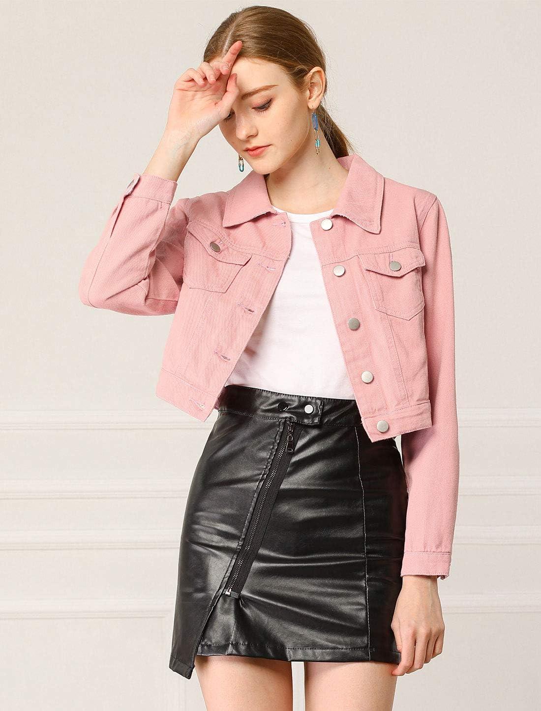 imageAllegra K Womens Button Down Denim Jacket Check Cuffs Casual Cropped Jean JacketsPeach Pink