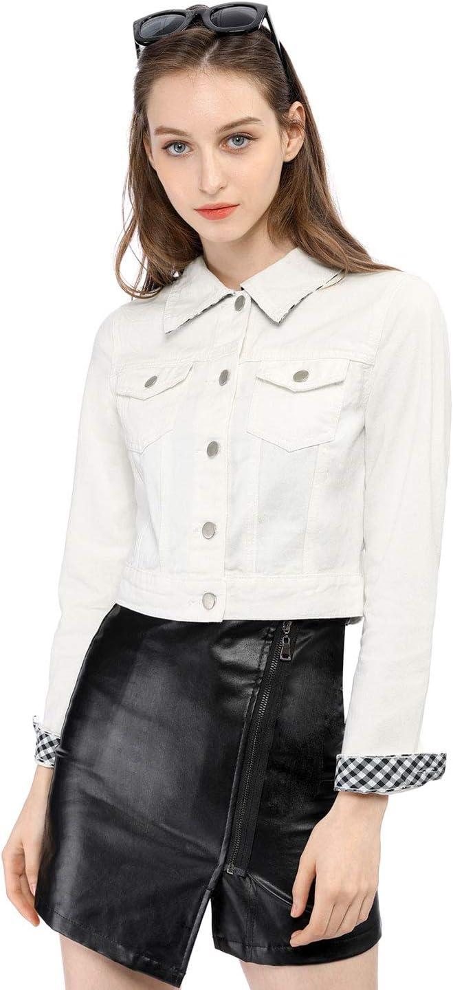 imageAllegra K Womens Button Down Denim Jacket Check Cuffs Casual Cropped Jean JacketsWhite