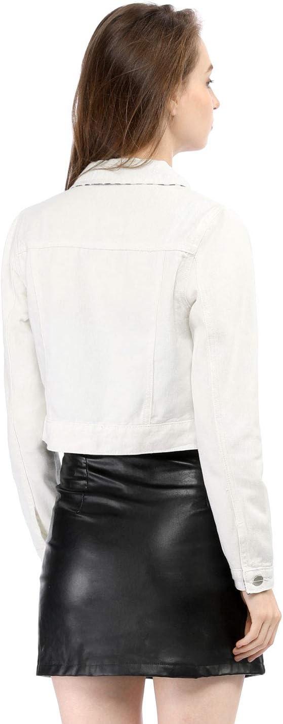 imageAllegra K Womens Button Down Denim Jacket Check Cuffs Casual Cropped Jean JacketsWhite