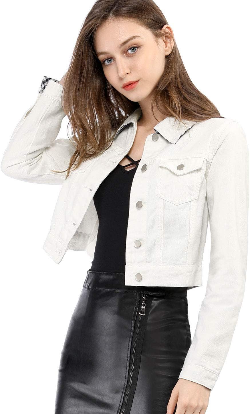 imageAllegra K Womens Button Down Denim Jacket Check Cuffs Casual Cropped Jean JacketsWhite