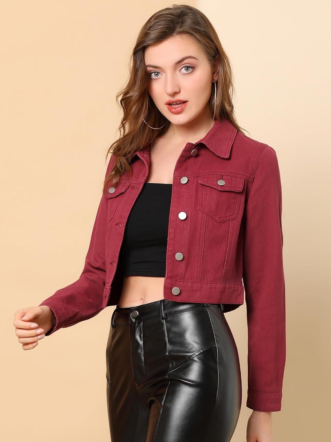 imageAllegra K Womens Button Down Denim Jacket Check Cuffs Casual Cropped Jean JacketsWine Red