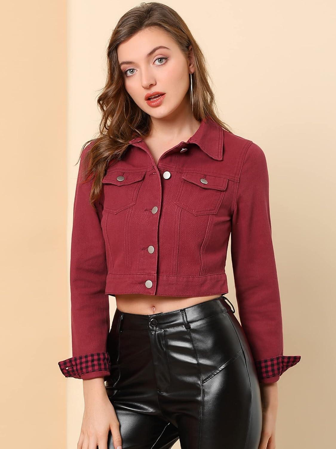 imageAllegra K Womens Button Down Denim Jacket Check Cuffs Casual Cropped Jean JacketsWine Red