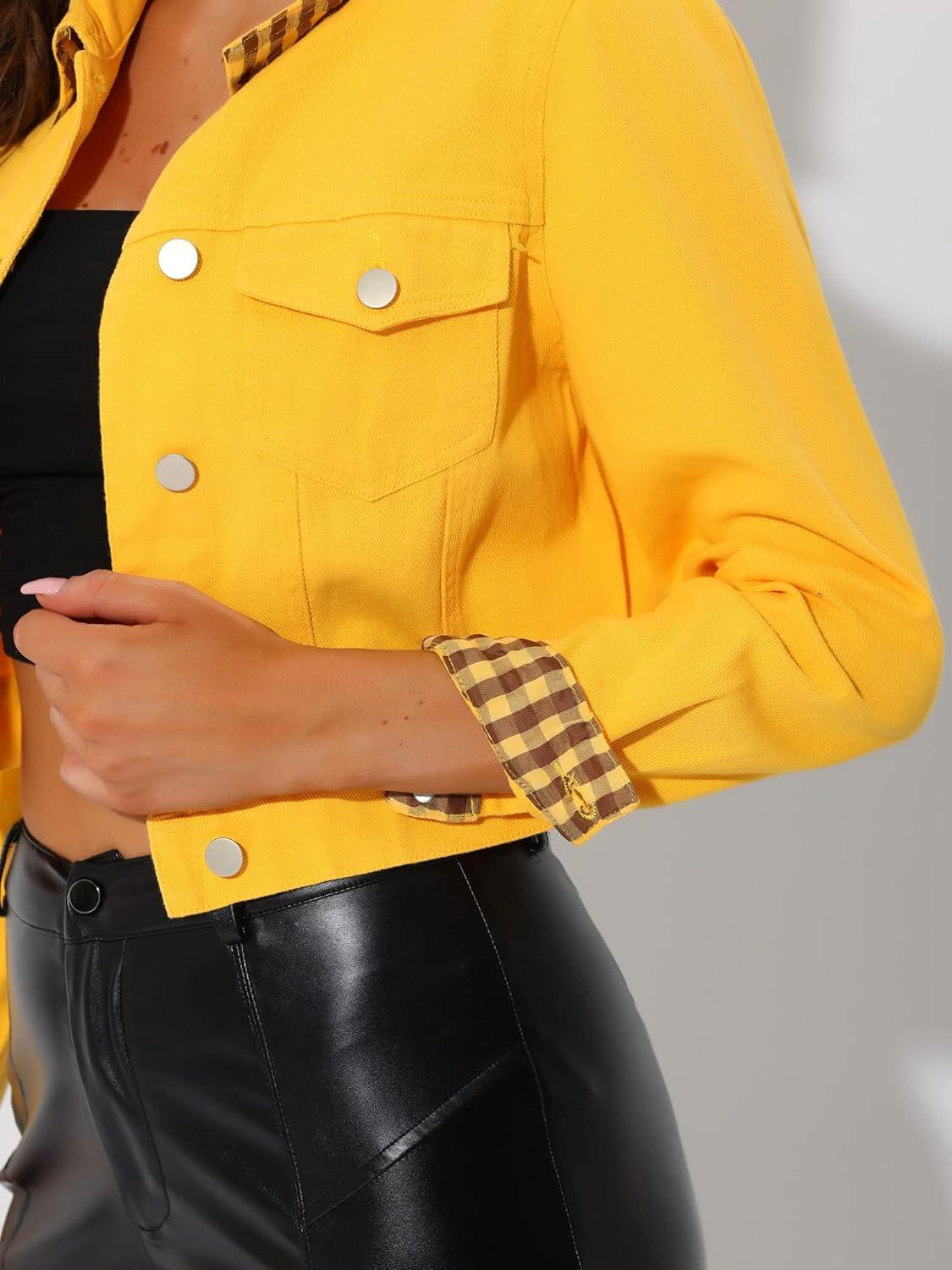 imageAllegra K Womens Button Down Denim Jacket Check Cuffs Casual Cropped Jean JacketsYellow