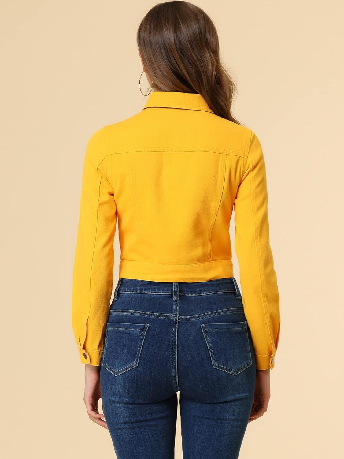 imageAllegra K Womens Button Down Denim Jacket Check Cuffs Casual Cropped Jean JacketsYellow