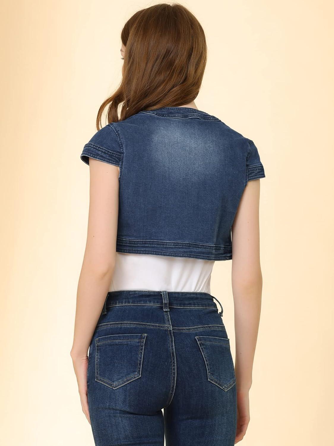 imageAllegra K Womens Denim Jacket Crop Casual Denim Cardigan Cap Sleeve Summer Outfits Jean Jacket ShrugBlue