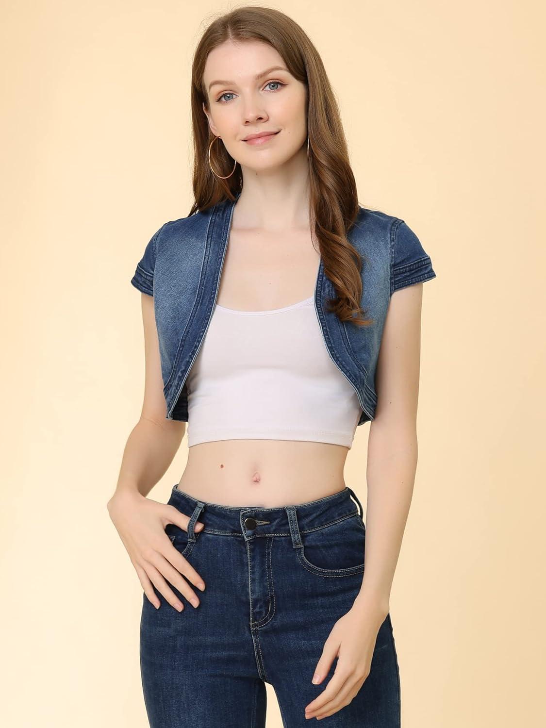 imageAllegra K Womens Denim Jacket Crop Casual Denim Cardigan Cap Sleeve Summer Outfits Jean Jacket ShrugBlue