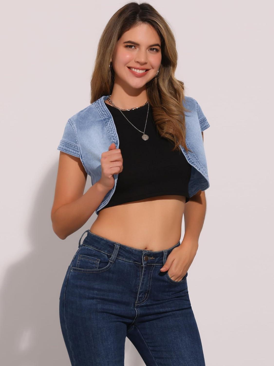 imageAllegra K Womens Denim Jacket Crop Casual Denim Cardigan Cap Sleeve Summer Outfits Jean Jacket ShrugGrey Blue