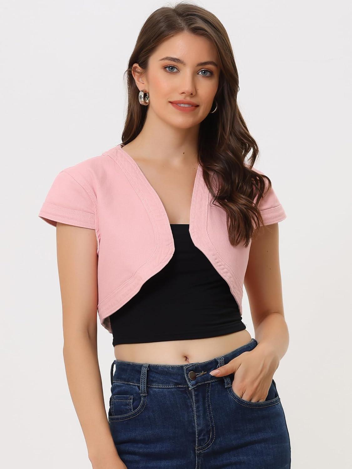 imageAllegra K Womens Denim Jacket Crop Casual Denim Cardigan Cap Sleeve Summer Outfits Jean Jacket ShrugPink